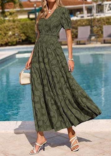 KIRUNDO Summer Dresses for Women 2026 Boho Flowy Casual Short Sleeve V Neck Elastic Waist Floral Long Baby Shower Maxi Dress(Army Green, Large) - Thumbnail 3