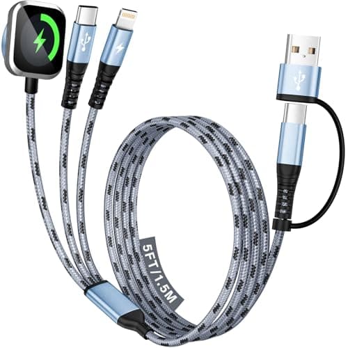 Jogrytece Multi Charging Cable for iPhone iWatch Charger, 3 in 2 USB A/C Phone Charger Cord with Dual Type-C/IP, 5FT iWatch Cable Nylon Travel Essentials Compatible with iWatch/iPhone 17-1/Android