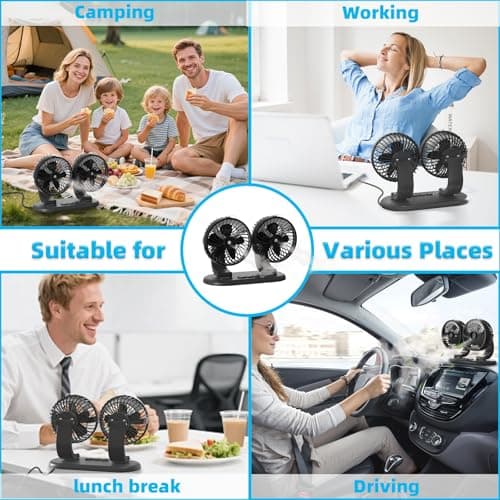 XKV Car Fan 5V Portable Auto Cooling Misting Fan Dual Head Rotatable USB Vehicle Fans 2 Speeds Strong Wind Electric Air Circulation Fans for Car Dashboard Truck SUV Sedan RV Van Boat Golf Cart - Thumbnail 3