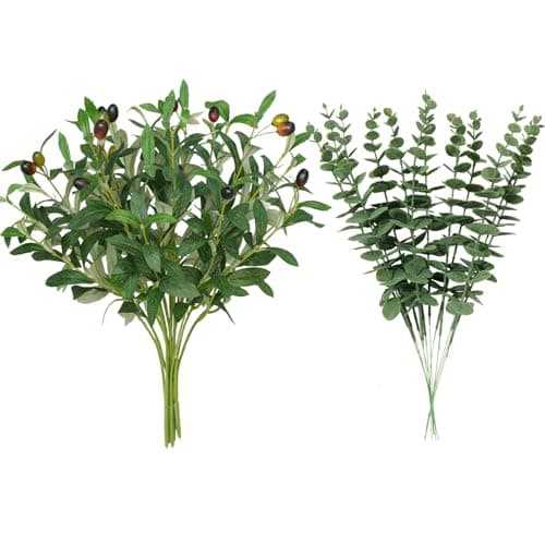 BUZIGUBY 16Pcs Faux Olive Branches&Eucalyptus Branches, 18''Artificial Olive Stems 15''Eucalyptus Stems,Perfect Greenery for Vase,Centerpieces,Spring Decor,Home Decoration for Dining Room&Living Room - Image 1