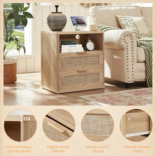 LEYAOYAO Rattan Night Stand with Charger Station, 23" Wide Boho Nightstand with 2 Drawers, Natural Wood Bedside Table Open Storage Cabinet, Bed Side End Tables Dresser for Bedroom, Living Room Hallway - Thumbnail 4