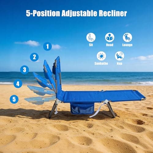 SUNNYFEEL Lay Flat Tanning Chair 2 Pack with Face Down Hole & Arm Slots, Backpack Beach Lounge Chair, 5-Position Folding Sunbathing Chair, 300 LBS Heavy Duty, 72" L x 22" W for Beach, Pool, Camping - Thumbnail 5