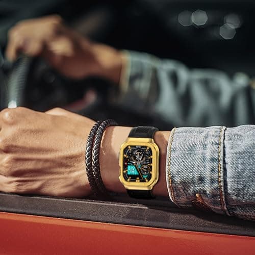 Deczone Band with Stainless Steel Case Compatible with Apple Watch Series 9 8 7 45mm Band, iwatch Bands Rugged Metal Protective Cover for Men (Gold) - Thumbnail 6