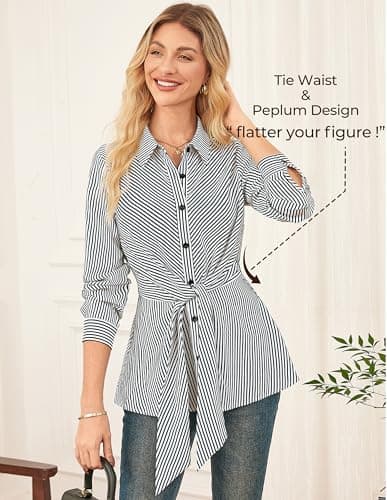 GRACE KARIN Peplum Tops for Women Tie Front Striped Button Down Shirt Collared Long Sleeve Business Casual Work Office Blouse White - Thumbnail 4