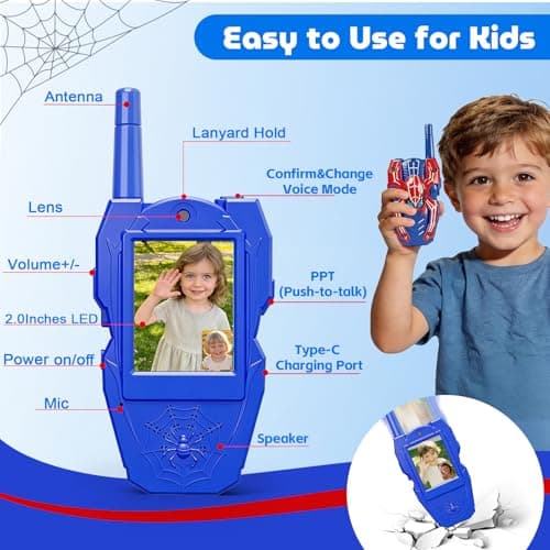 Video Walkie Talkies for Kids 2 Pack Rechargeable with Screen HD Camera &Voice Changer, 1000FT Long Range 2 Way Radio Toys Indoor Outdoor Camping Hiking Toys Birthday Gifts, Spider for Boys Girls 3-12 - Thumbnail 2