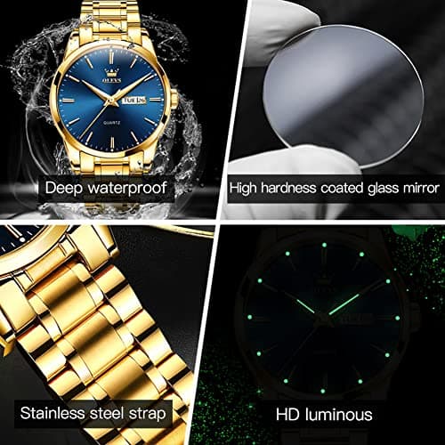 OLEVS Watch Men Gold Blue Stainless Steel Large Face Watches for Men Casual Day Date Mens Watches Classic Water Resistant Analog Quartz Wrist Watch for Man Luxury Golden Reloj para Hombre - Thumbnail 5