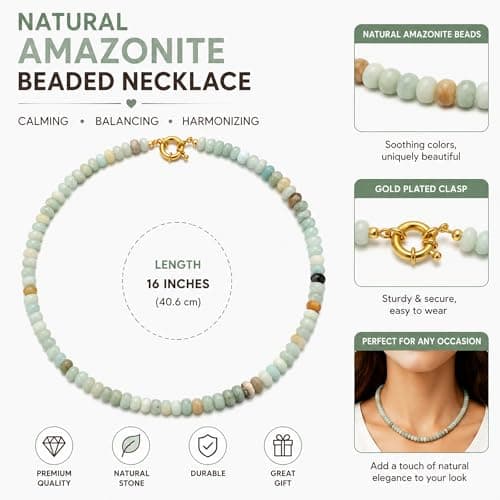 chorfla Beaded Gemstone Necklaces for Women, Bohemian Colored Choker Natural Stone Bead Decoration Summer Beach Handmade Jewelry Necklace (C-Amazonite) - Thumbnail 2