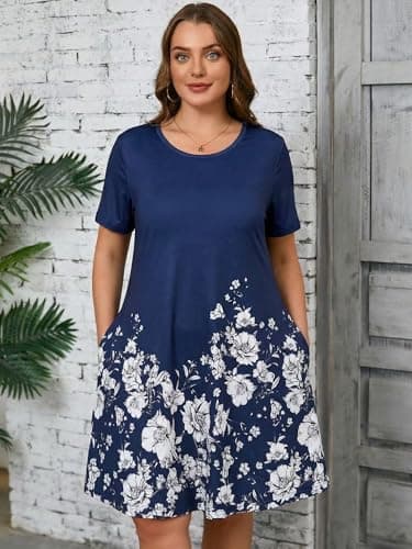 AusLook Plus Size Floral Midi Dress for Women Casual Summer Short Sleeve A Line Swing 5X Dress with Pockets Round Neck Flowy Knee Length T Shirt Vacation Beach Sundress - Thumbnail 2