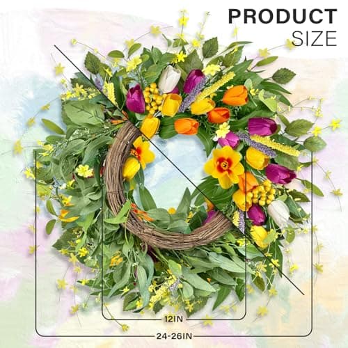 ICX 24" Spring Wreaths for Front Door, Tulip Spring Wreath, Large Outdoor Wreath Spring, Spring Floral Wreath Perfect for Window, Wall, Porch, Wedding and Farmhouse Home Decor Gift - Thumbnail 2