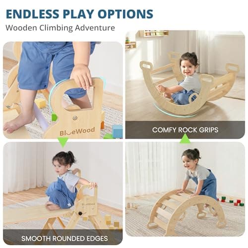 BlueWood Pikler Triangle Set, Toddler Wooden Climbing Toys Indoor 7in1 Climber, Foldable Kids Climbing Toys, Montessori Play Jungle Gym with Arch, Ramp, Ladder (Natural) - Thumbnail 4