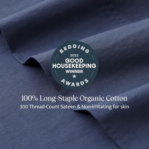Double Stitch Queen Size Sheet Set,4PCS Soft & Breathable Cotton Organic Cotton Queen Sheet Set,Luxury 300 TC Sateen Weave Bed Sheets,100% GOTS Certified Long Staple Cotton, Navy - Thumbnail 2