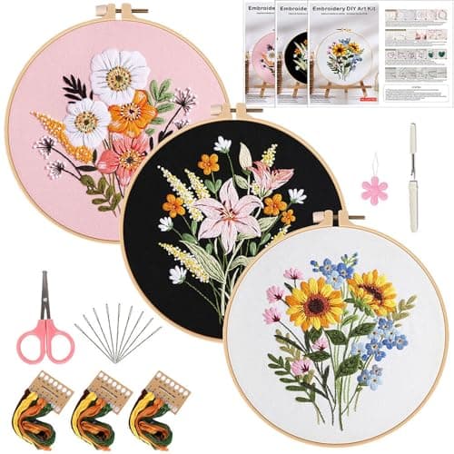 FEIYUENO 3 Sets Floral Pattern Embroidery Practice Kit for Beginner Adults