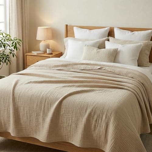 Corizei 100% Cotton Muslin Blankets for Adults, 6-Layer Lightweight King Size Blanket for Bed, Pre-Washed Breathable Gauze for Bed Layering, All Season Comfort, Linen Beige 108"x90"