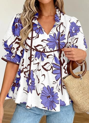 PRETTYGARDEN Womens Summer Tops 2026 Cute Puff Sleeve Ruffle V Neck Babydoll T-Shirts Boho Floral Fall Peplum Shirts(Purple Floral,Small) - Thumbnail 5