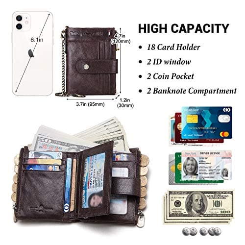 gzcz Chain Wallets for Men with Zipper Genuine Leather Bifold Rfid Blocking Card Holder Coin Pocket Wallet - Thumbnail 2