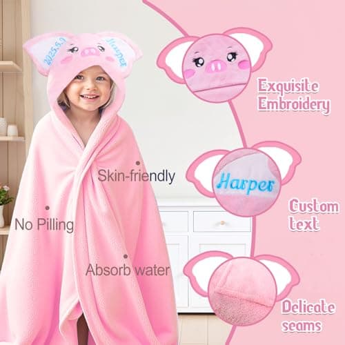 Individz Custom Hooded Bath Towel with Name, Personalized Highly Absorbent Bunny Towels, Baby Bath Towels for Girls Boys, Brithday for Baby, Toddler, Newborn (Piglet-Pink) - Thumbnail 5