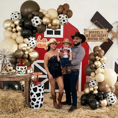JOYFLOAT Western Cowboy Brown Balloon Garland Arch Kit, Neutral Gold Dusty White Cow Print Balloons for Western Baby Shower Decorations Birthday Farm Wild West Cowgirl Party Decoration - Thumbnail 2