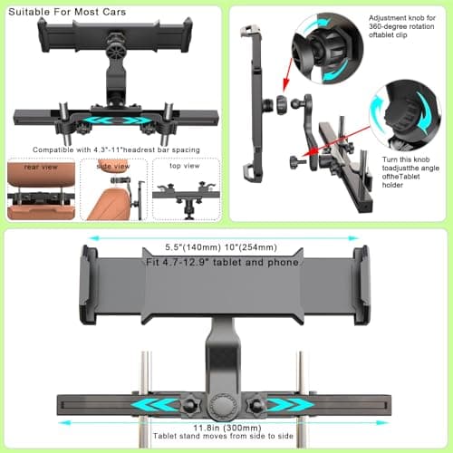 teefeet Car Headrest iPad Holder Aluminum Alloy Material Road Trip Essentials for Kids Car Backseat Tablet Mount Supports Height Adjustment up, Down, Left and Right - Thumbnail 6