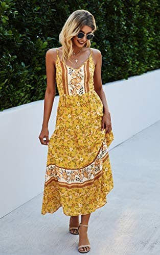 Angashion Women's Dresses Floral Adjustable Spaghetti Strap V Neck Boho Long Maxi Dress Summer Beach Flowy Ethnic Sundress 2141 Yellow X-Large - Thumbnail 4