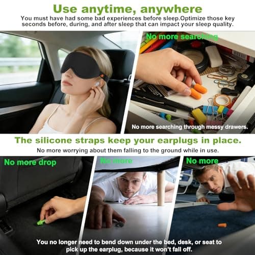 3D Contoured Sleep Mask with Earplug Keeper,Earbuds Anti-Loss,100% Pressure-Free & Total Light Blocking Eye Mask with Adjustable Strap. Ideal for Sleep Earplug User, Airplane Travel, Meditation,Green - Thumbnail 3
