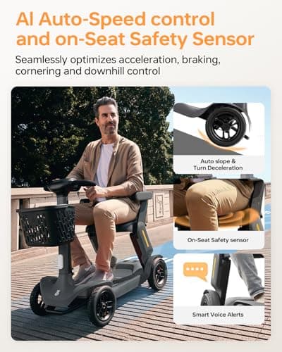 Paiseec S3 Pro Mobility Scooters for Adults, 40 Miles Long Lasting Mobility Scooter, Lightweight Travel Scooter for Seniors, 300 lbs Capacity, AI Speed Control, 250W Motor (Grey-40miles-S3) - Thumbnail 6