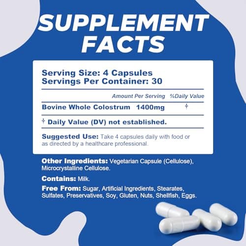 PeakVigor Organic Bovine Colostrum Capsules, 1400mg Colostrum Supplement Powder for Immune & Gut Support, Energy Support, Skin Health, Hair Growth - No Fillers, Non-GMO, 120 Capsules - Thumbnail 2