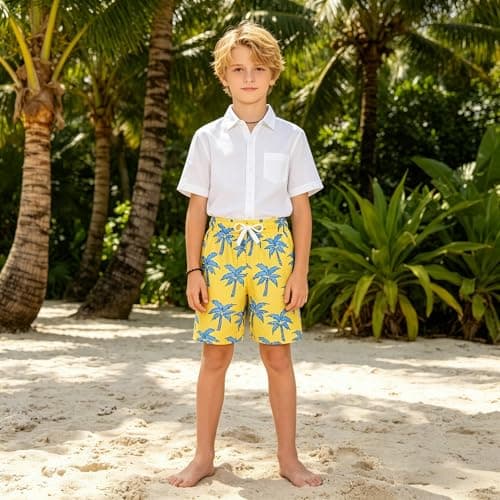 westwolf Kid Swim Trunks with Compression Liner Yellow Little Boys Bathing Suit Size 6 7 Yellow Palm Tree Summer Boy Swim Shorts School Board Shorts Travel Swim Suits - Thumbnail 3