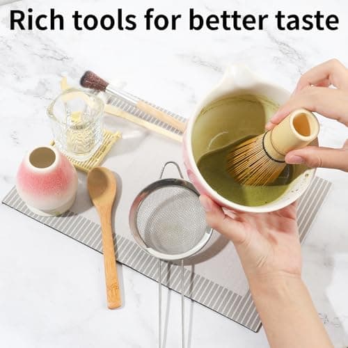 12 Pcs Matcha Whisk Set - Matcha Set Includes Ceramics Matcha Bowl and Cup, Matcha Kit for Ceremony Making Tools, Gift for Family/Friend （Gradient pink） - Thumbnail 4