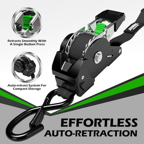 JUUMLL Retractable Ratchet Straps (4-Pack) 1” x 10ft - 1,650lb Break Strength, Heavy-Duty Auto Retracting Tie Down Straps for Cargo, Motorcycle, ATV, UTV, Kayak & Transport (Black) - Thumbnail 3