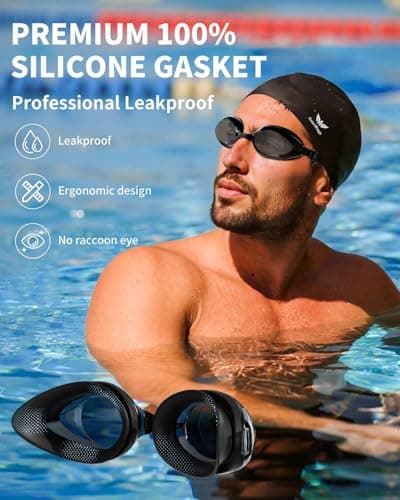 AzureWings Swim Goggles + Swim Cap Women Men Adult Kit, Anti-Fog UV No Leak - Upgraded HD Racing Goggles Swimming for Men & Women, Black-Smoke + Cap - Thumbnail 6