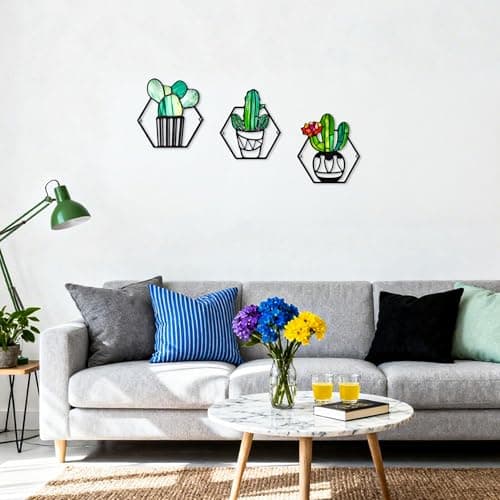 ArtCachet 3-Piece Metal Floral Wall Art - Bathroom Arts & Modern Farmhouse Decor,Home Wall Decors Sculptures for Living Room, Dining Room, Bedroom Wall Decorations & Housewarming Gift(Cactus -1) - Thumbnail 3
