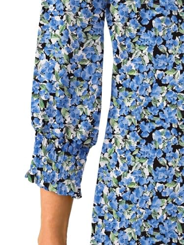 GKBK Womens 3/4 Sleeve Shirts V Neck Dressy Casual Spring Summer Blouses with Smocked Cuffs Blue Floral - Thumbnail 5