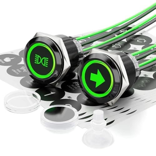 FILN 2PCS 22mm Latching Push Button Switch,20A on Off Switch 12v-24v IP67 Waterproof Marine Switches for Car, Boat, Motorcycle, DIY Enthusiasts(Green, 185 Replacement Symbols, Black Shell)
