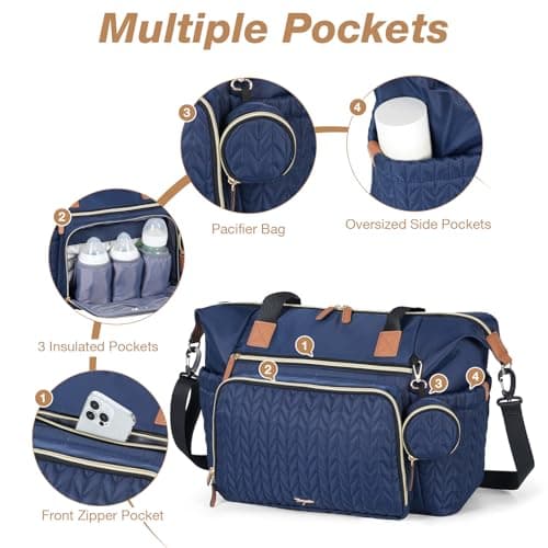 Tonyeee Diaper Bag Tote, Large Baby Diaper Bags Waterproof, Hospital Bag for Labor Delivery with Pacifier Case, Changing Pad, Shoulder Strap, Dark Blue - Thumbnail 4