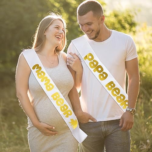 Mama Bear & Papa Bear Baby Shower Sash Bundle - With Cute Bear (White Sashes & Gold Lettering) Girl or Boy Baby Shower Party Decorations Gifts Favors Mom Dad Supplies Gender Reveal Mommy Bear Sash - Thumbnail 2