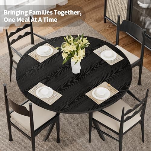 Black Dining Table for 2-4, 42 Inch Round Kitchen Table with Storage, Wooden Circle Dinner Table with Metal Legs, Rustic Mid Century Modern Dining Room Tables for Kitchen, Living Room, Dining Room - Thumbnail 3