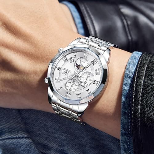 OLEVS Watch Men Luxury Sliver Stainless Steel Dress Waterproof Wrist Watches for Men Classic Analog Quartz Moon Phase Chronograph Battery Luminous Men Watch Relojes De Hombre - Thumbnail 3