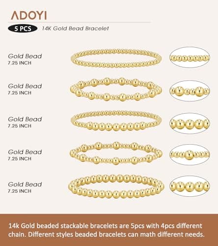 adoyi Gold Bracelets for Women Beaded Bracelet 14K Gold Plated Bracelet Stack Strand Stretch Bead Ball Bracelet Set Stackable Bracelet Adjustable Bracelet Set Jewelry for Gifts 7.25 inches - Thumbnail 6
