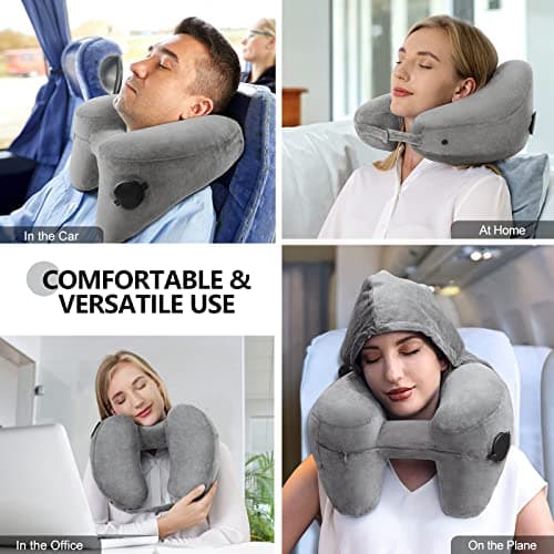 Sunany Neck Pillow for Travel Inflatable Airplane Pillow Comfortably Supports Head,Neck and Chin,Inflatable Travel Pillow with Soft Velour Cover,Hat,Portable Drawstring Bag (Grey) - Thumbnail 2
