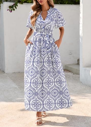 KIRUNDO Women Spring Summer Wedding Guest Boho Floral Maxi Dress Puff Sleeve Button Shirt V Neck Flowy Beach Vacation Dress(Blue, Large) - Thumbnail 5