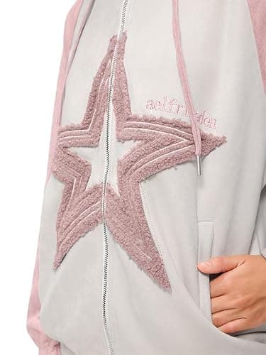 Aelfric Eden Suede Star Patchwork Full Zip Up Hoodie Oversized Graphic Hoodies Y2K Hooded Casual Sweatshirts Jackets Pink - Thumbnail 2