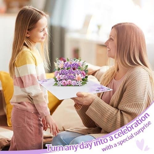 FaCraft Pop Up Mothers Day Cards - 3D Purple Lily & Rose Bouquet Card for Mom - Large 8x6 Happy Mother’s Day Card with Writing Note, Seal & White Pearlescent Envelope - Thumbnail 3