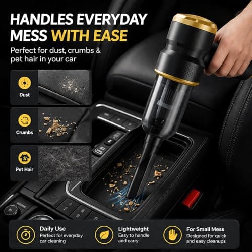 Handheld Car Vacuum Cleaner, 4-in-1 Cordless Rechargeable Mini Vacuum with Air Duster – Quickly Clean Crumbs, Pet Hair & Crevices in Car, Office, Home. Ideal for Commuters & Office Workers (Gold) - Thumbnail 2