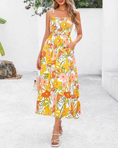 PRETTYGARDEN Womens Summer Dresses 2026 Casual Spaghetti Strap Ruffle Smocked Flowy Floral Spring Maxi Dress with Pocket(White Yellow Flower,X-Large) - Thumbnail 3