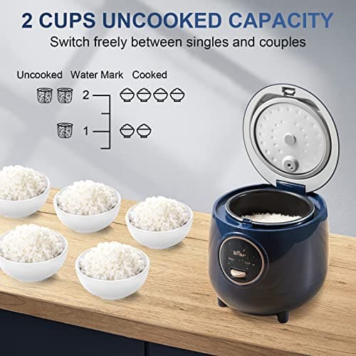 Bear Mini Rice Cooker 2 Cups Uncooked, 1.2L Portable Non-Stick Small Travel Rice Cooker, BPA Free, One Button to Cook and Keep Warm Function, Blue - Thumbnail 3