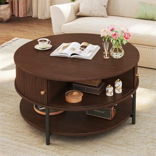 HUAHUU 31.5" Round Coffee Table with Storage, Mid Century Modern Coffee Table with Sliding Cabinet Door, Round Metal Legs, 3-Tier Small Round Coffee Tables for Living Room, Walnut - Image 1