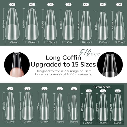 modelones X Nail Gel Kit, Fake Nails Long Coffin, 9-in-One Glue Prep Dehydrator & Portable Mini U V Light Acrylic Clipper, 500Pcs Coffin Tips for Extension Kit DIY Salon Home Gifts for Women - Thumbnail 5