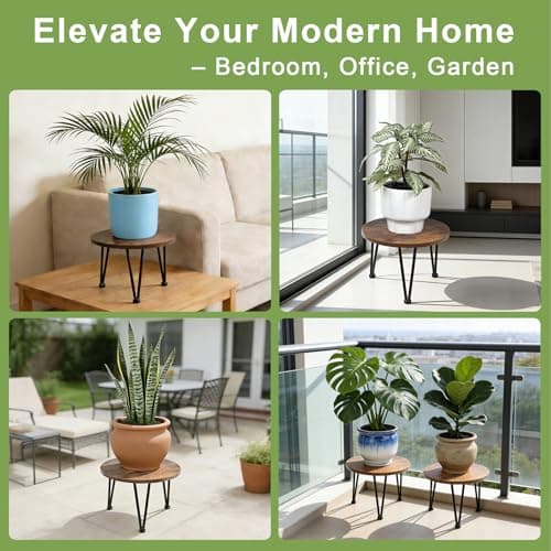 Vigordream Metal Plant Stand Indoor, Heavy Duty Planter Holder, Flower Pot Stands, Round Wood Single Plant Shelf Modern Decorations for Home, Patio Garden - Thumbnail 6