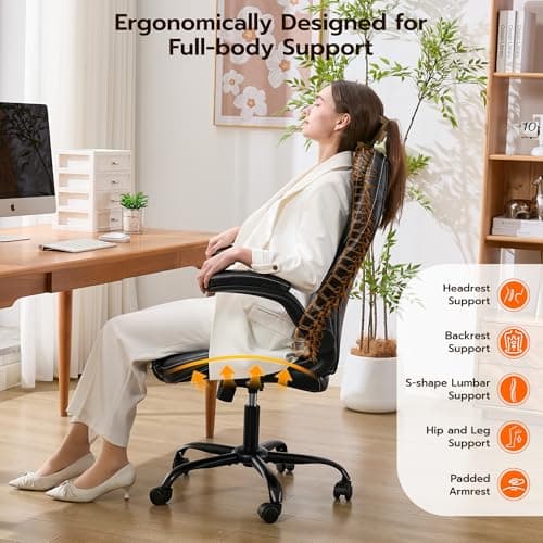 Office Desk Chair, Ergonomic Computer Chair with Padded Flip-Up Arms and Adjustable Lumbar Support, PU Leather Executive Chair with Tilt Lock and 360° Swivel Rolling Wheels for Work, Study - Thumbnail 5