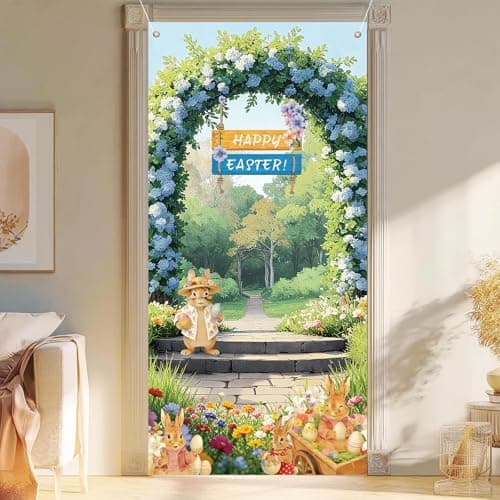 Lednica Happy Easter Door Decoration, Rustic Hydrangea Easter Door Cover with Bunny Eggs, Spring Floral Arch Garden Banner for Party Decor & Supplies, 71x35 Inch - Thumbnail 3